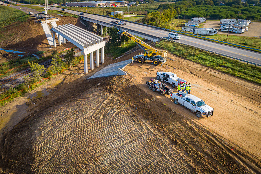 Aerial photo of construction progress of roadway in Texas.
