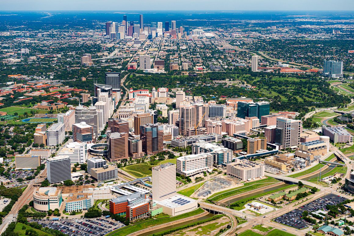 Aerial photo of the medical center with Houston, Texas in the background.