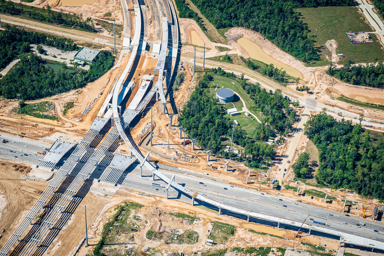 Aerial photograph of construction progress of highway in Houston, Texas.