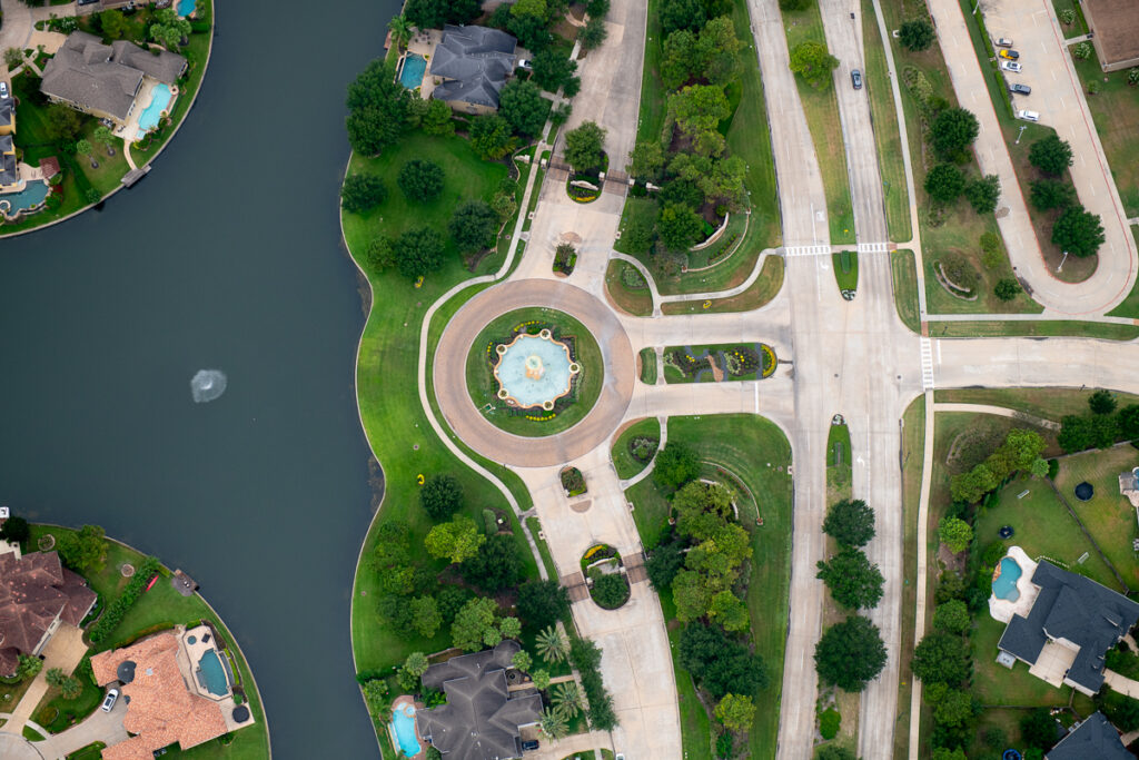 Vertical aerial photo of neighborhood in Houston Texas.