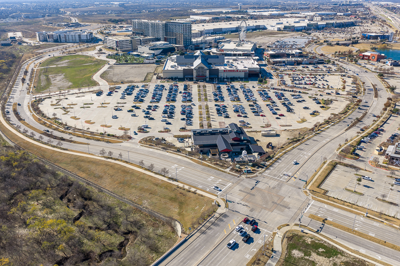 Drone aerial photo of a shopping center in Dallas Texas.